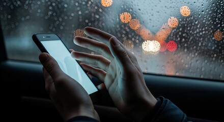 A close-up of a person's hands using a smartphone in a car, with raindrops on the window blurring the city lights into a beautiful, melancholic bokeh.