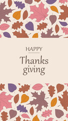 Happy Thanksgiving concept of card, cover, invitation with beautiful bright autumn leaves. Vintage Fall season art style design templates for celebration, ads, branding, banner, label, poster.