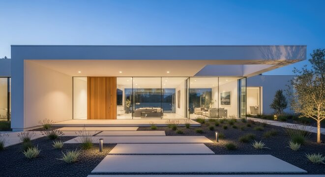 Modern luxury home entrance with illuminated pathway and lush landscaping - Powered by Adobe