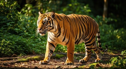 Obraz premium Tiger strides through leafy forest