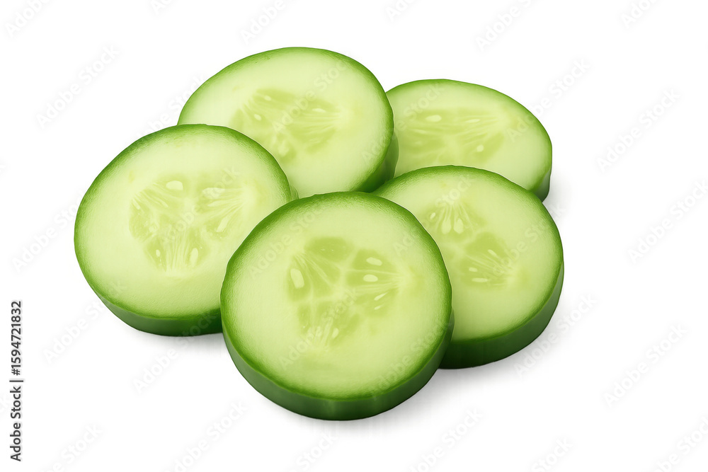 Poster sliced cucumber resting on transparent surface, highlighting crisp texture and clean design for food
