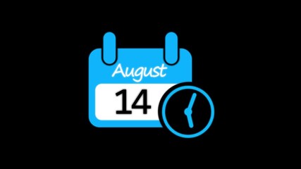 14 august month calendar with time symbol animation change of time month.