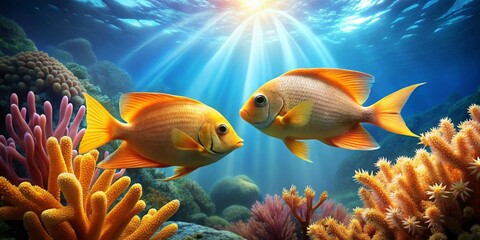 Obraz premium Oceanic Sunlight Illuminates a Pair of Golden Fish Amidst Vibrant Coral Reef