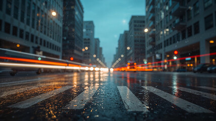 Obraz premium Wet crosswalk reflecting city lights during a rainy night with light trails from passing cars