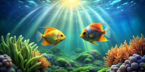 Obraz premium Oceanic Aquatic Life Two Vibrant Fish Gracefully Swim Amidst Lush Underwater Flora in a Sunlit Realm