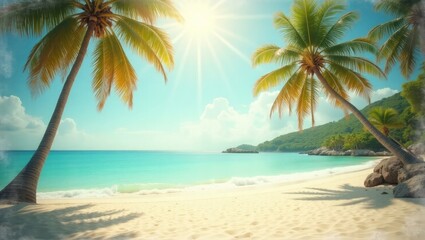 Fototapeta premium Tropical Beach Scene with Palm Trees Turquoise Water and Bright Sun