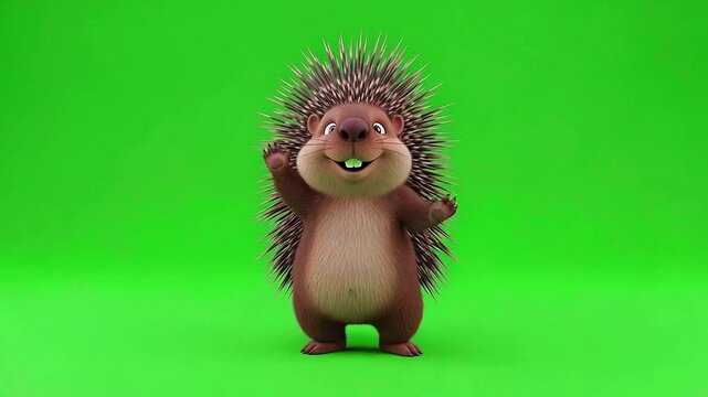 Joyful 3D Cartoon Porcupine Saying Hello Waving Arm on Green Screen for Kids Animation
