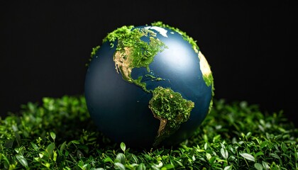 Environmental preservation concept. Earth covered in green foliage on a black background.
