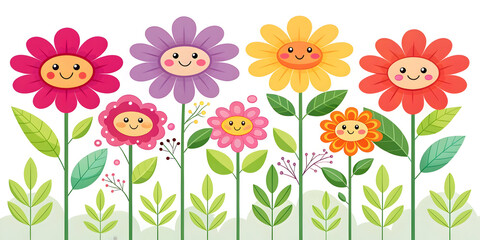 Smiling Cartoon Flowers in Bright Colors on White Whimsical Background"
