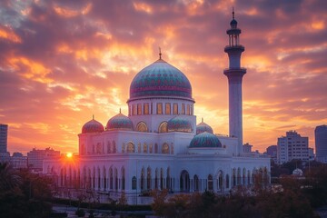 Obraz premium Golden sunset over mosque dome and Islamic minaret.