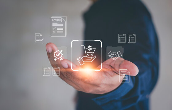 Online shopping and e-commerce technology concept, Digital procurement innovation visual. Contracts and invoices. Ideal for illustrating e-Procurement, supply chain automation. B2B purchasing systems