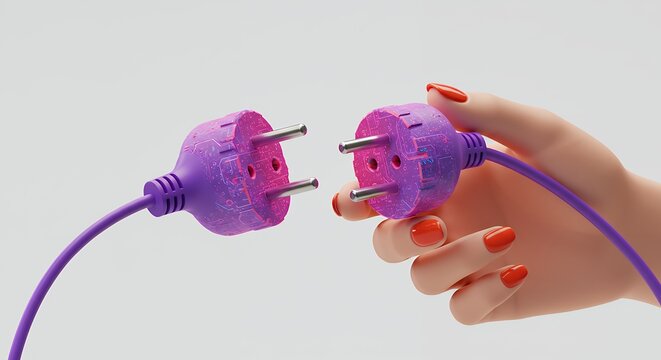 Purple electrical plugs disconnecting by hand