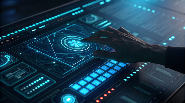 Futuristic holographic interface with hand interacting with data visualization - Powered by Adobe