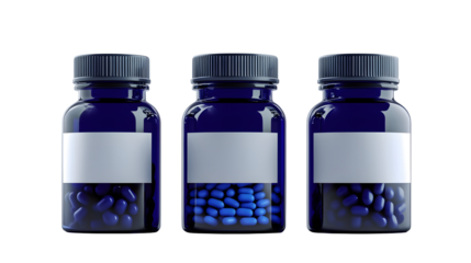 Three blue bottles with white labels filled with blue capsules