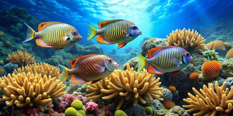 Vibrant Reef Fish in a Sunlit Underwater Paradise, Swimming Amidst Golden Coral and Diverse Marine Life