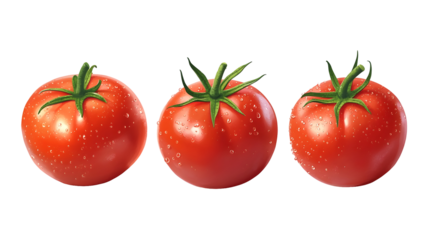 Three fresh red tomatoes with water droplets on black background