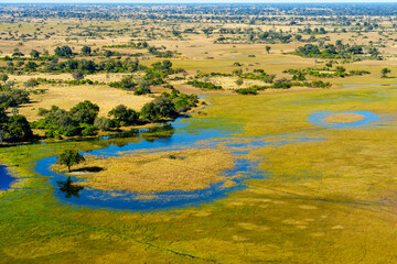 Breathtaking aerial view of the Okavango Delta near Maun in Botswana, showing vibrant wetlands, blue lagoons, and golden grasslands. Ideal for use in nature, travel, and wildlife photography projects.