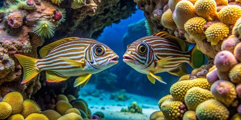 Striped Ocean Fish Engaging in an Underwater Dialogue Amidst Vibrant Coral Reef