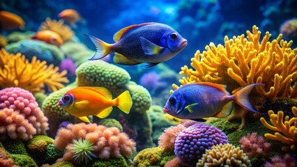 Vibrant Underwater Scene Showcasing Colorful Reef Fish and Lush Coral Formations