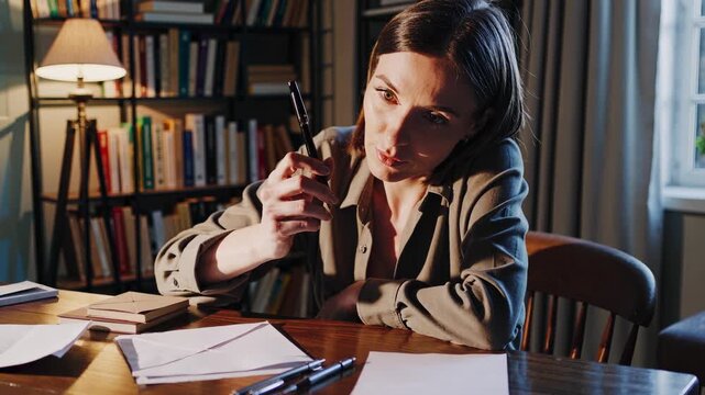 Woman sitting at desk with pen in her hand. Woman writing on desk in an office. Book of concentration with a pen in it. A woman is seated at a desk holding a pen lifestyle.