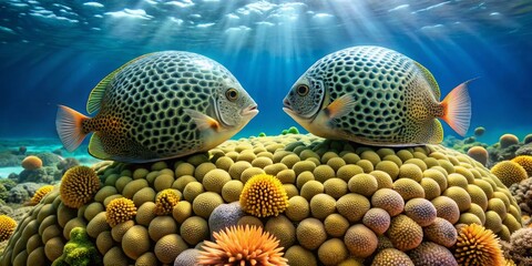Two ornate fish encounter on vibrant coral reef, a breathtaking underwater scene showcasing marine life's beauty and the intricate detail of a diverse ecosystem.