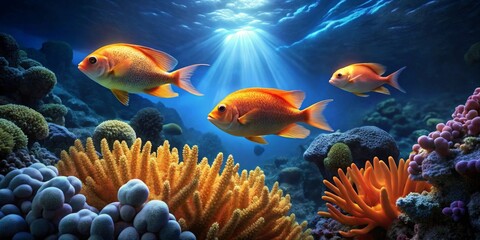 Vibrant orange fish gracefully swim amidst a breathtaking underwater coral reef, bathed in sunlight