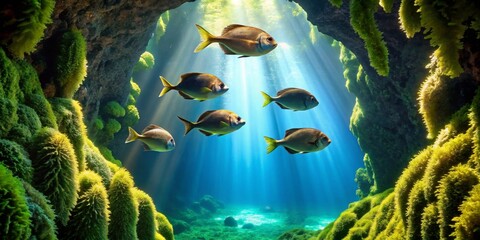 Sunbeams Illuminate a School of Fish in an Underwater Grotto, Bathed in the Glow of Light Filtering Through an Enchanting Aquatic Cave