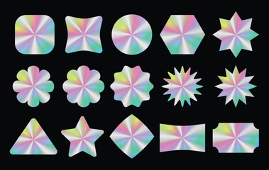 Abstract shapes sticker hologram color set. Trendy retro 90s style. Vector geometric illustration, shape and icon design