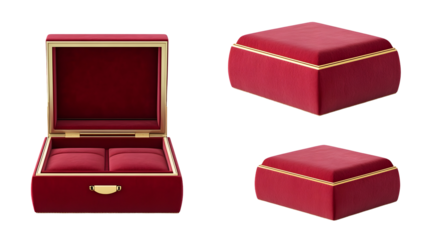 Elegant red jewelry boxes with gold accents displayed from multiple angles