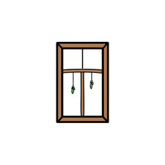 Vintage Wooden Window with Hanging Herbs Vector Illustration for Decor