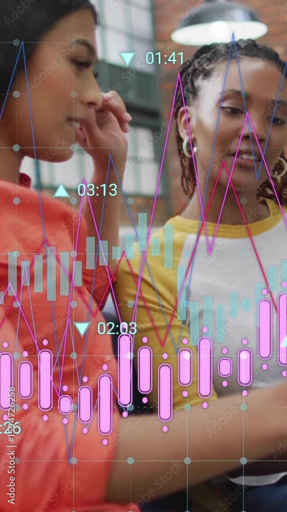 Poster animation of diagrams and data processing over diverse female colleagues discussing work in office