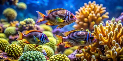Striped tropical fish gracefully swimming amidst vibrant coral reefs in an underwater paradise