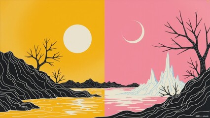 The artistic landscape of pink and yellow scenery