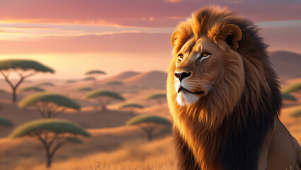 Majestic Lion with Golden Mane in Intense Stare, Against Ethereal Savannah Backdrop