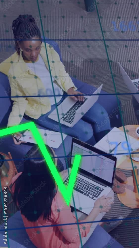 Poster animation of financial data processing over diverse colleagues working in office