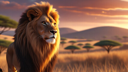 Majestic Lion with Golden Mane in Intense Stare, Against Ethereal Savannah Backdrop