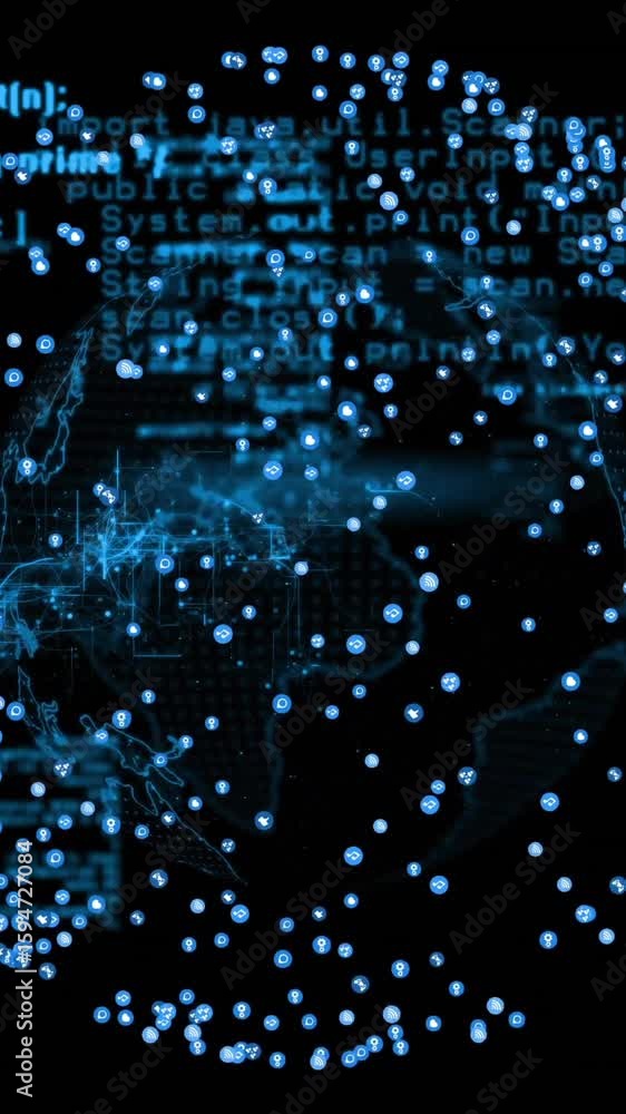 Poster animation of data processing and globe on black background