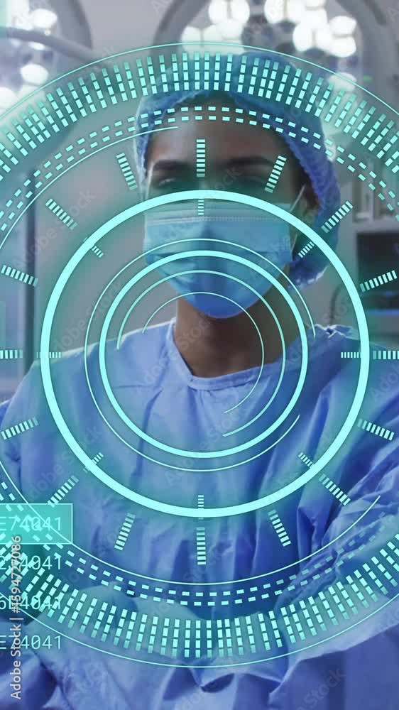 Poster animation of scope scanning and data processing over female surgeon in operating theatre