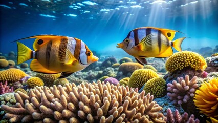Vibrant Reef Fish Encounter Two Striking Tropical Fish Gracefully Swim Amidst a Lush Coral Garden Bathed in Sunlight