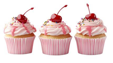 Delicious cherry-topped cupcakes with sprinkles and pink frosting