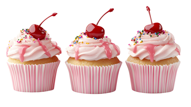 Delicious cherry-topped cupcakes with sprinkles and pink frosting - Powered by Adobe