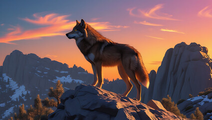 Majestic Wolf at Mountain Zenith: Golden Sunset Silhouette on Rugged Summit Searching for hunt concept.
