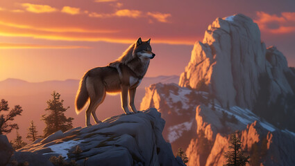 Majestic Wolf at Mountain Zenith: Golden Sunset Silhouette on Rugged Summit
