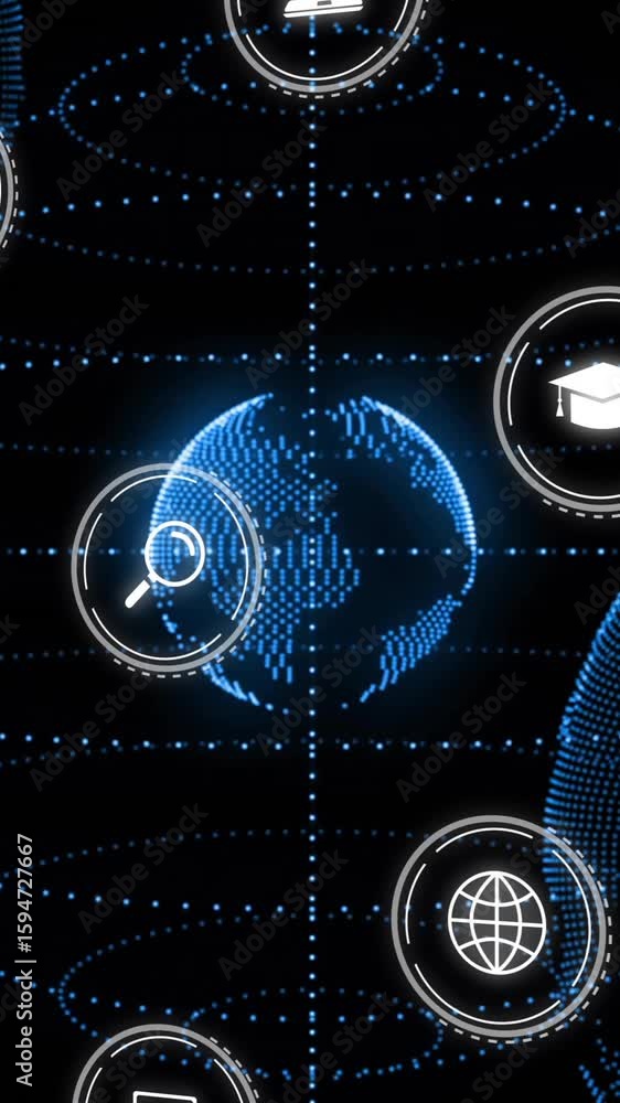 Poster animation of icons and data processing over globes