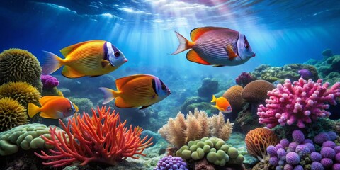 Vibrant Reef Ecosystem Sunlit Underwater Scene Showcasing Colorful Fish and Diverse Coral Formations