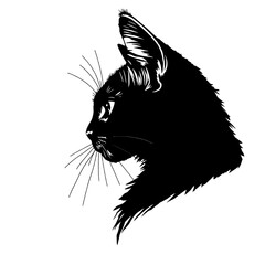 a detailed black and white silhouette of a cat's profile with intricate fur texture and striking whiskers against a clean transparent background