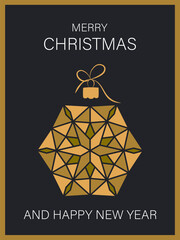 Christmas and New Year card. Elegant design with typography and Christmas elements in gold and black. Trendy illustration for season banner, poster, cover. 