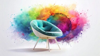Modern teal armchair against vibrant watercolor splash backdrop, ideal for home decor and interior design inspiration.