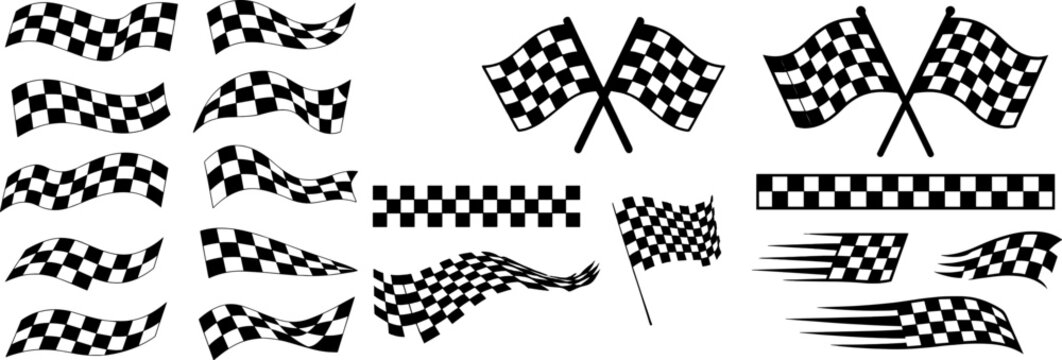 Versatile vector collection of black-and-white checkered finish flags in waving, crossing, fluttering and speed-trail styles, plus straight racing-stripe borders, ideal for motorsport branding, car