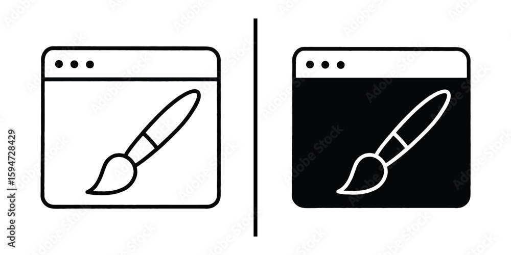 Poster website design icon: a monochrome digital design of a paintbrush and window of a website browser in 